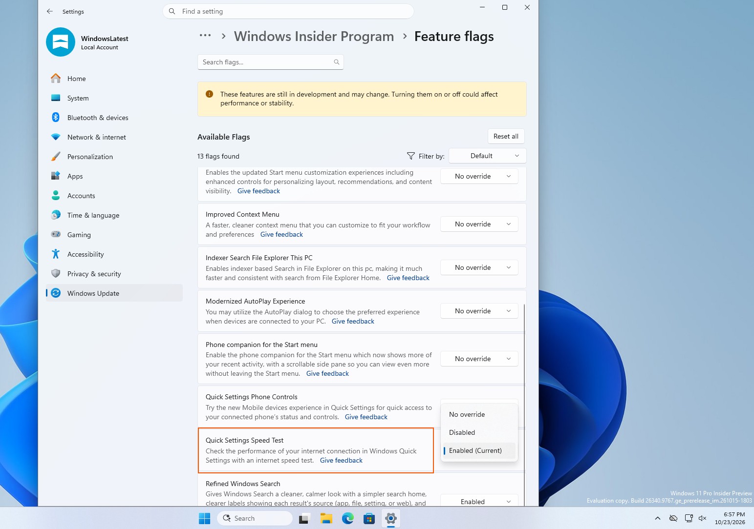 Quick Settings Speed Test option in Feature flags for the Windows Insider Experimental Channel