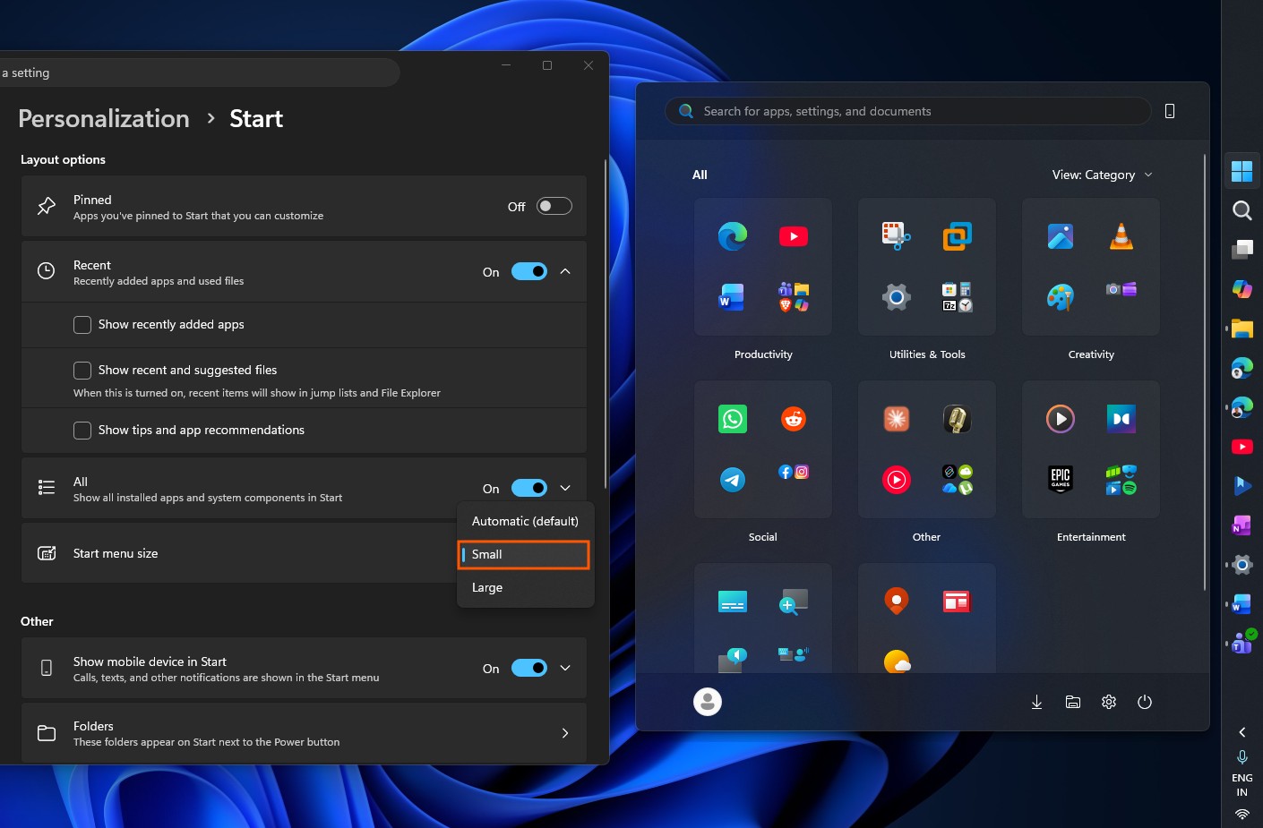 How to make the Start menu smaller in Windows 11