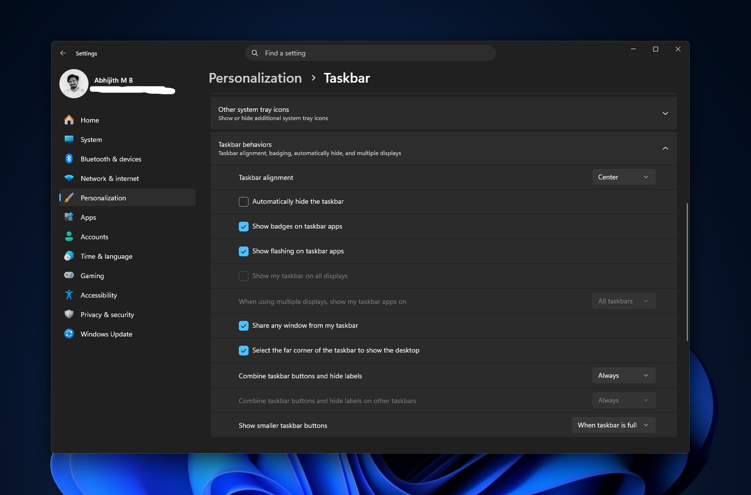 Taskbar personalization settings before the update