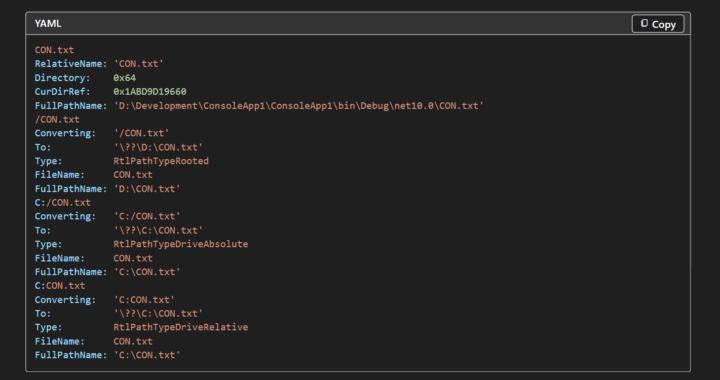 A developer reporting that a reserved file name with an extension cannot be parsed to the corresponding NT path