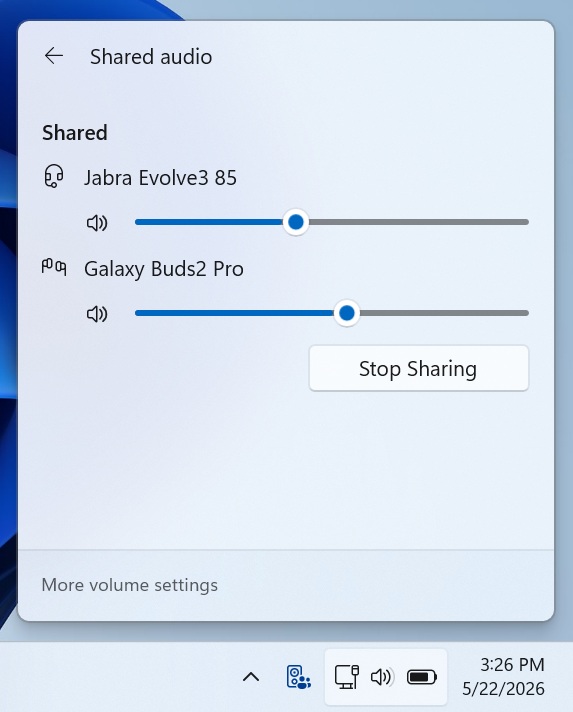Shared Audio option in Windows 11 Quick Settings