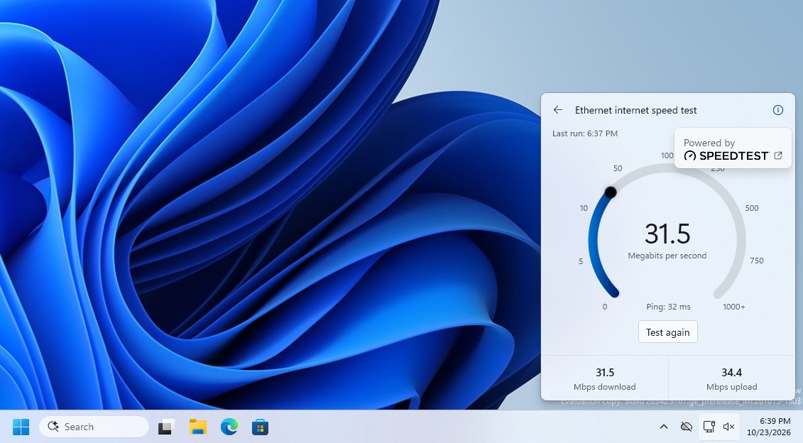 The information button shows that the internet speed test is powered by Speedtest
