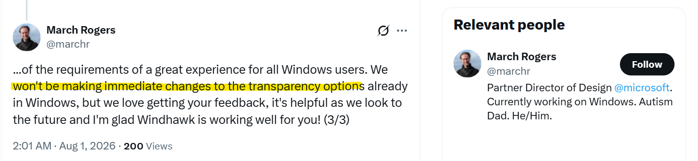 MS confirms we won't see transparency effect changes in Windows 11