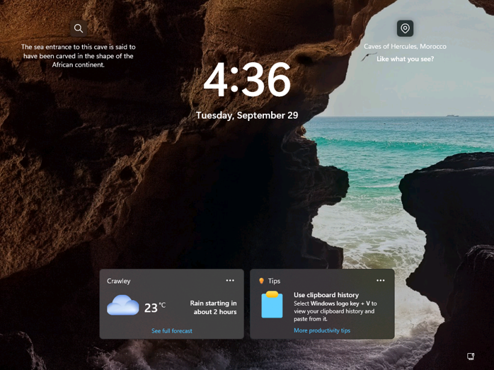 The Tips widget on the Windows 11 lock screen next to Weather