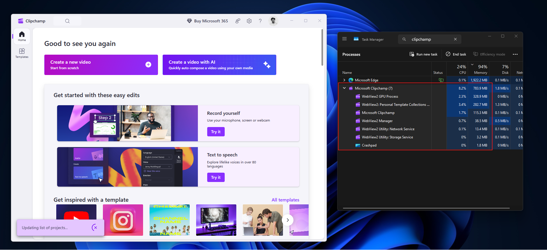 Clipchamp RAM 사용량