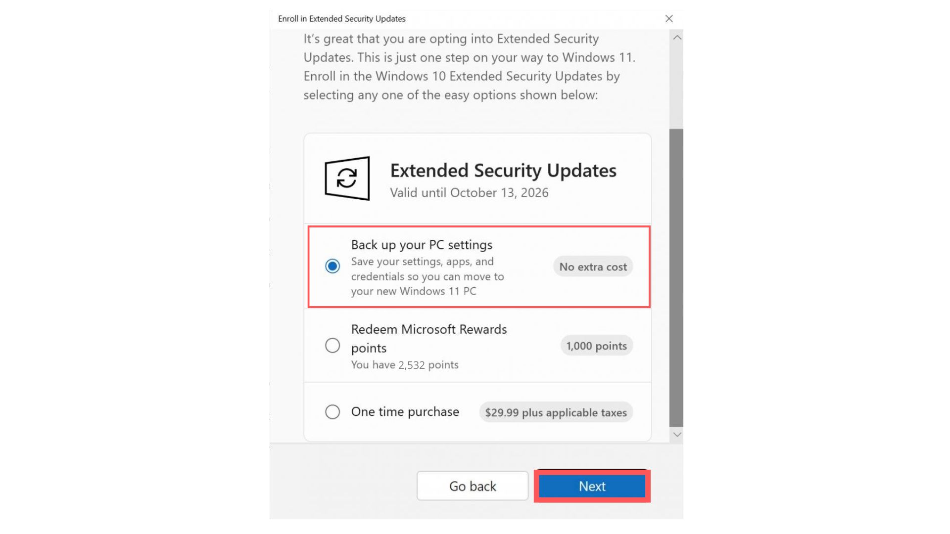 Utwórz kopię zapasową ustawień swojego komputera, aby zapisać się do programu Windows 10 ESU