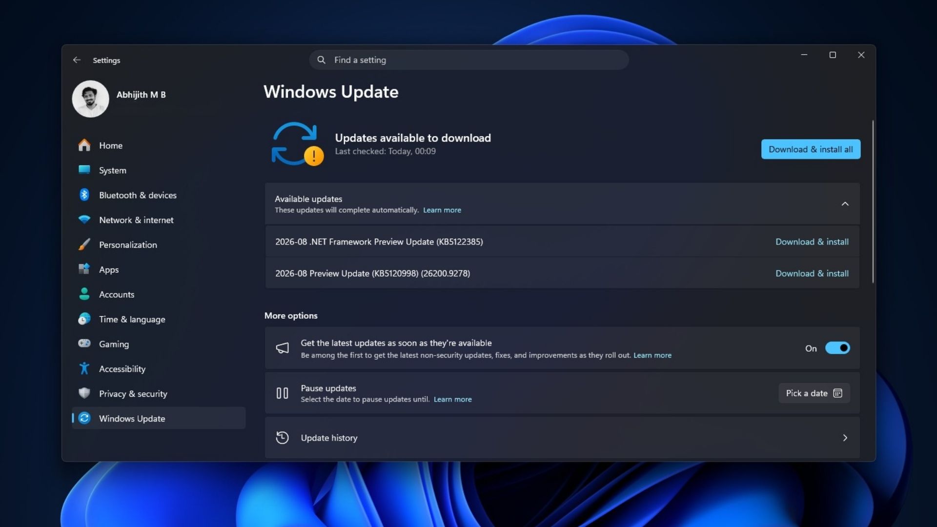 Windows 11 showing all updates under Available updates for a single restart