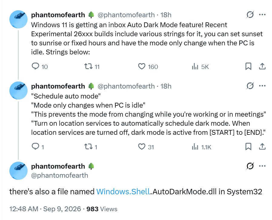 phantomofearth X post about Auto Dark Mode