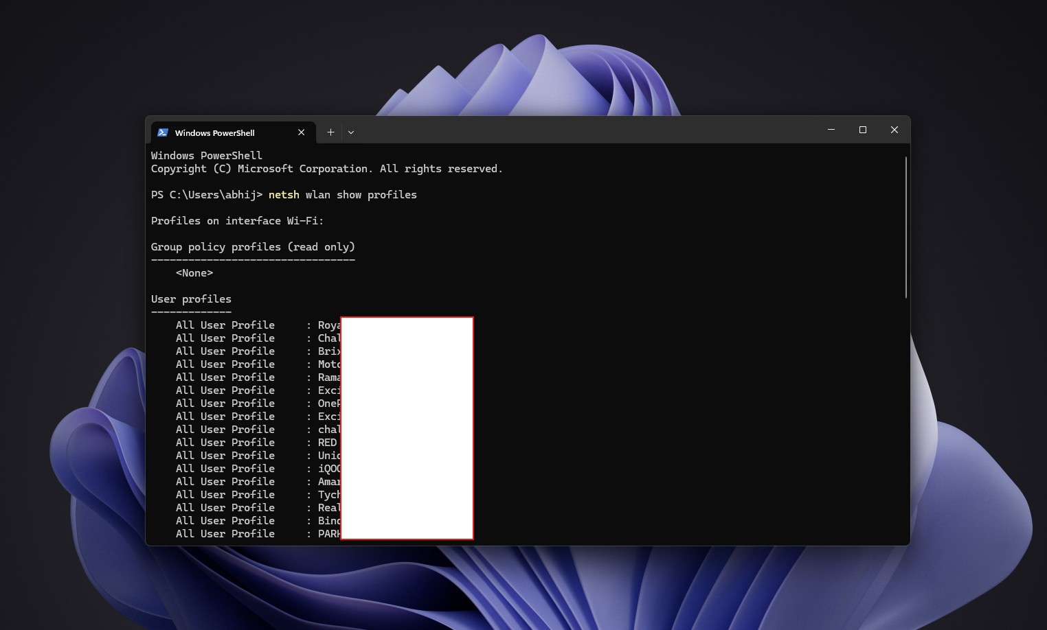 Netsh wlan show profiles displaying previously connected networks