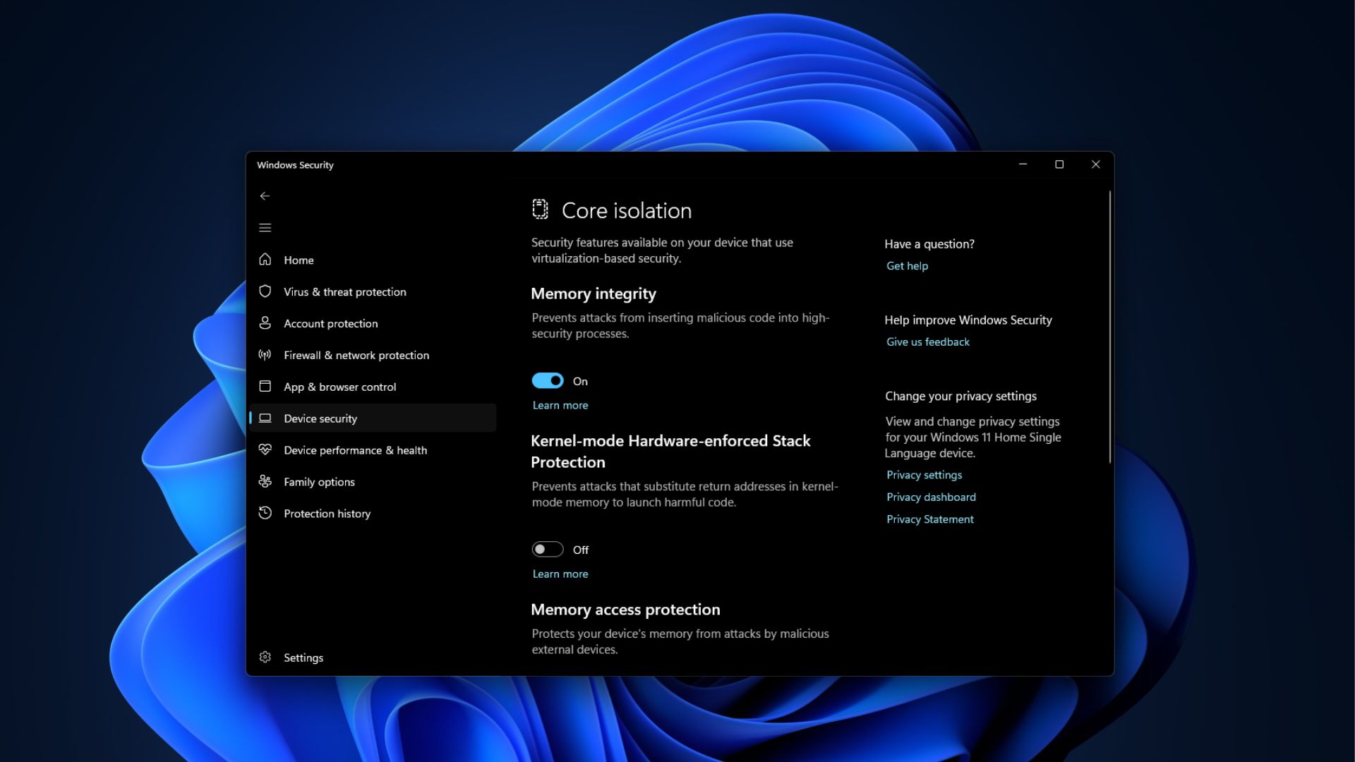 Memory Integrity enabled in Windows Security