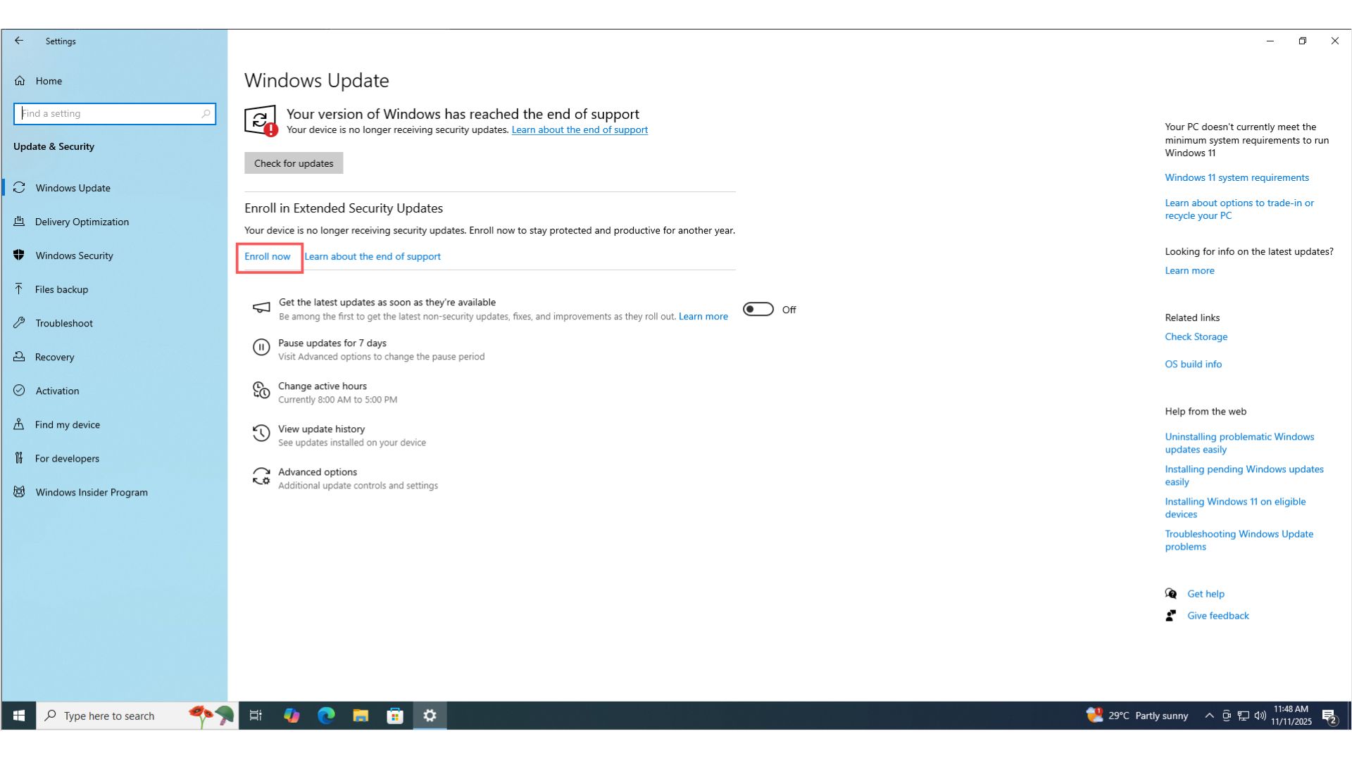 Windows Update page in Windows 10 prompting to Enroll in Extended Security Updates