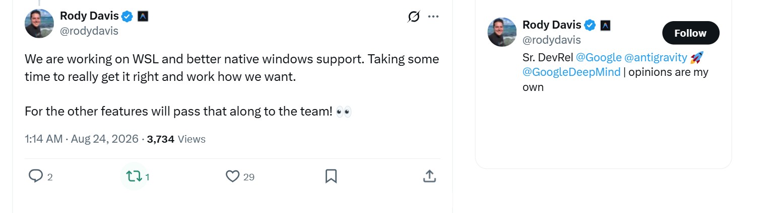 Google confirms WSL and native Windows support for the Antigravity agentic development tool