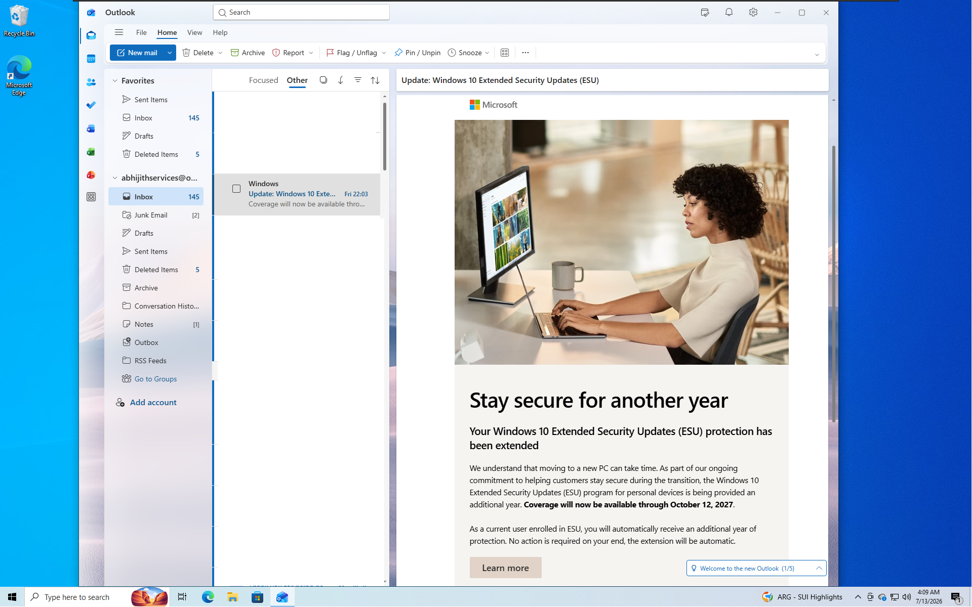 Microsoft wysyła e-mail o przedłużeniu wsparcia Windows 10 ESU do użytkowników