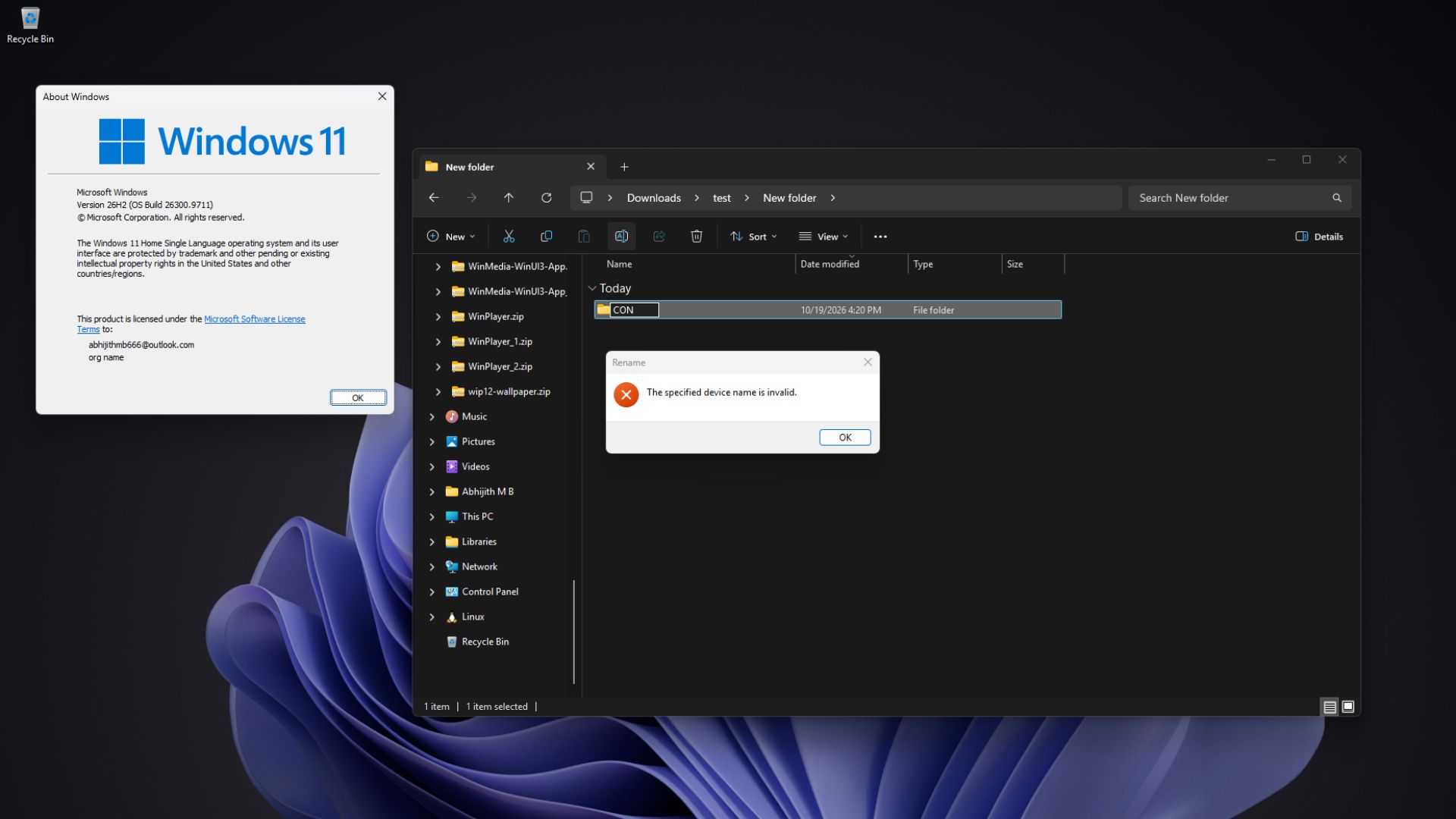 File Explorer on Windows 11 26H2 showing an error after an attempt to rename a folder to CON