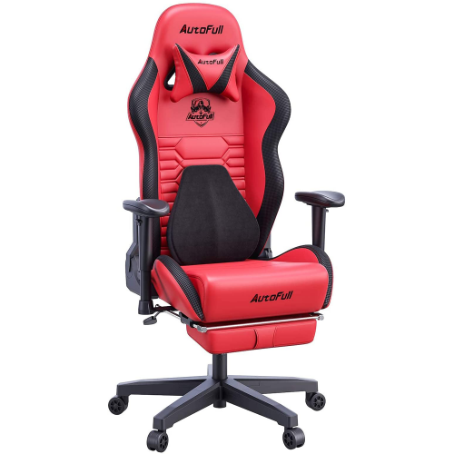 Official AutoFull Gaming Chair Red and Black PU Leather Footrest Racing Style Computer Chair, Headrest E-Sports Swivel Chair, AF083RPJA