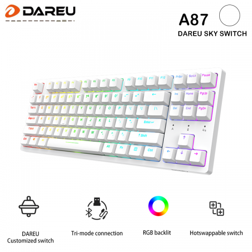 whokeys.com, Dareu A87 Tri-mode Connection 100% Hotswap RGB LED Backlit Mechanical Gaming Keyboard-Pearl White Official Dareu A87 Tri-mode Connection 100% Hotswap RGB LED Backlit Mechanical Gaming Keyboard-Pearl White