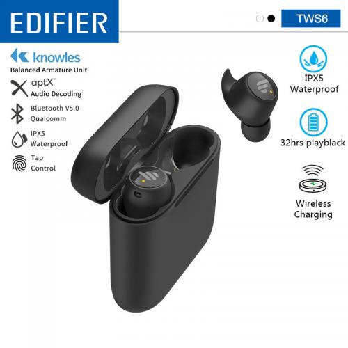 Official EDIFIER TWS6 TWS Wireless Earbuds BluetoothV5.0 32hrs Play Time Support Aptx Touch control IPX5 Waterproof Wireless Charging
